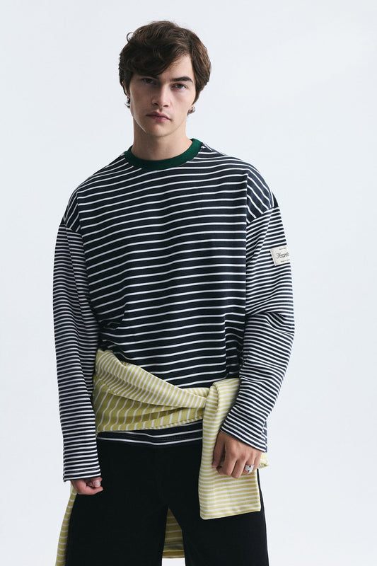 Contrast-Collar Striped Sweatshirt