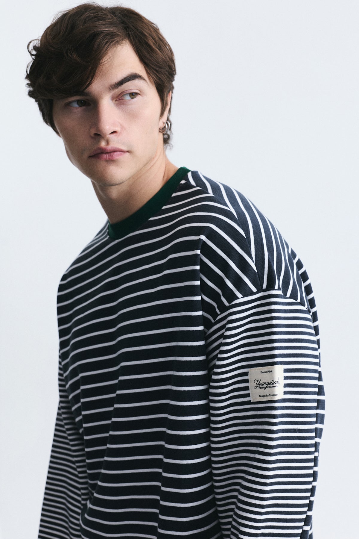 Contrast-Collar Striped Sweatshirt