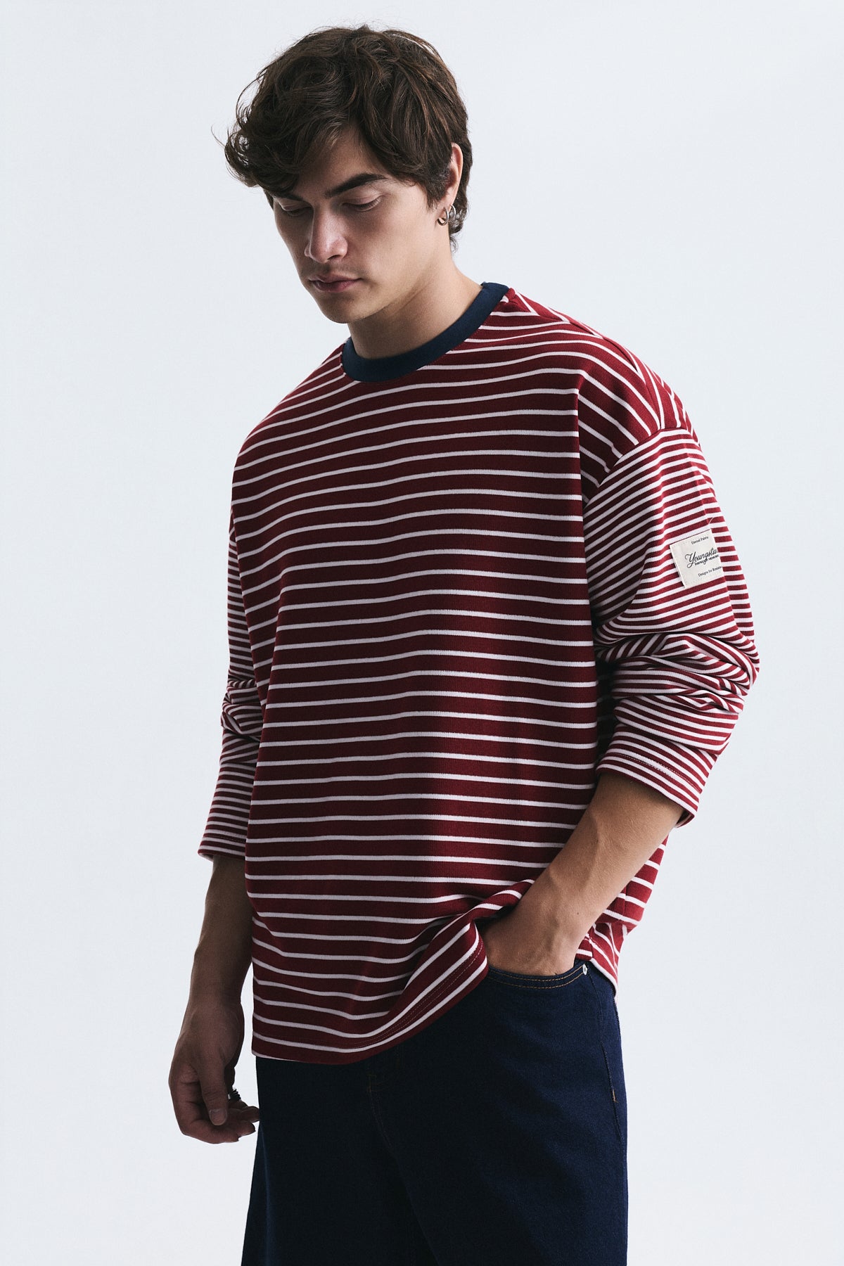 Contrast-Collar Striped Sweatshirt