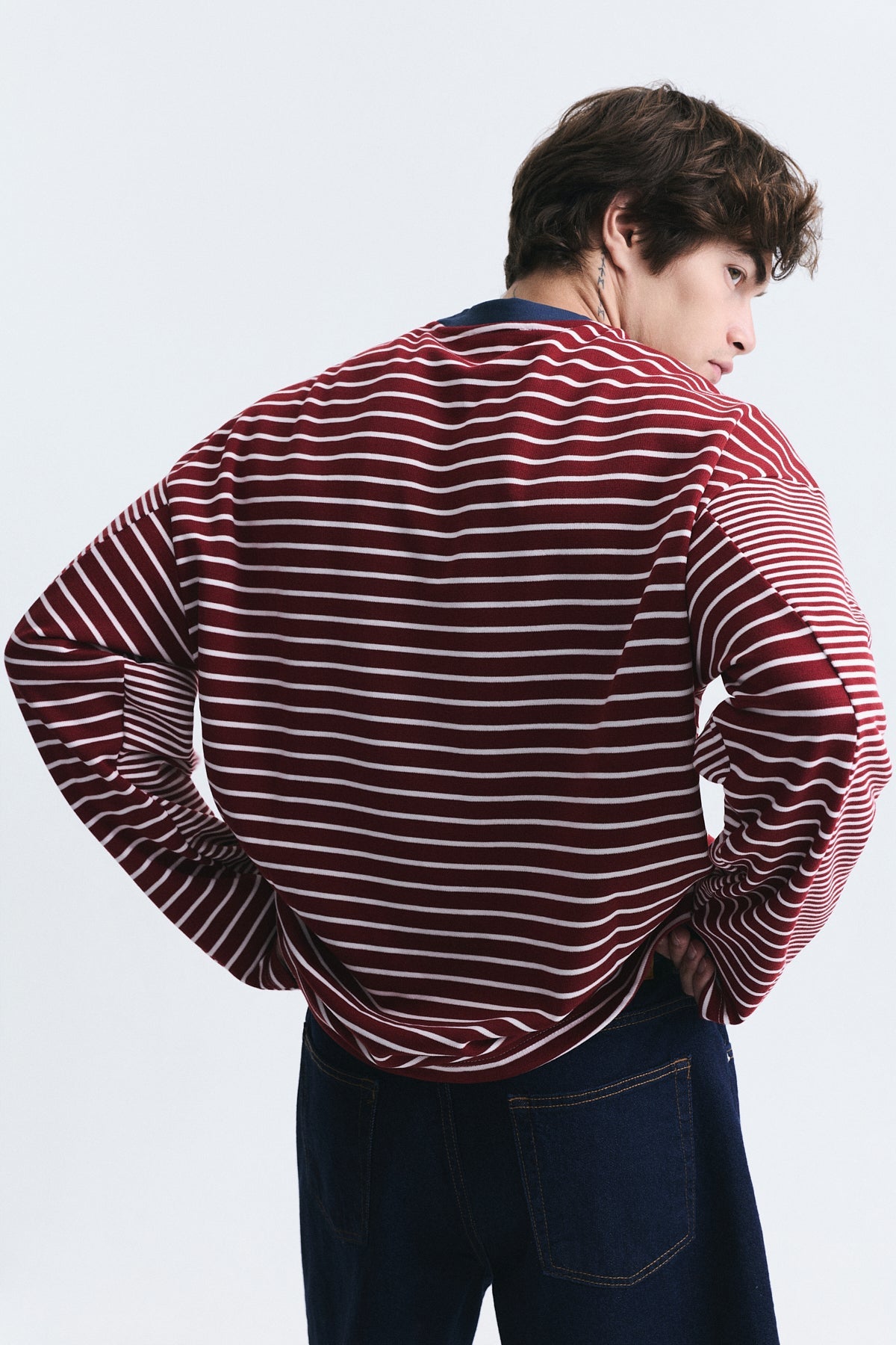 Contrast-Collar Striped Sweatshirt