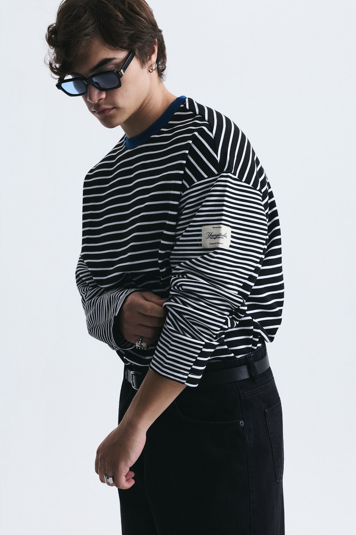 Contrast-Collar Striped Sweatshirt