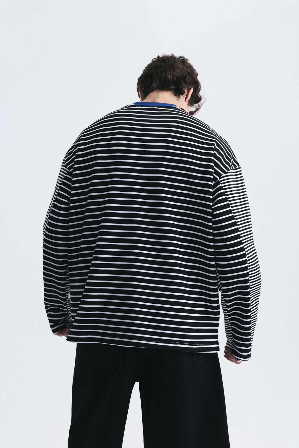 Contrast-Collar Striped Sweatshirt
