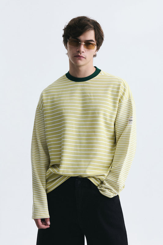 Contrast-Collar Striped Sweatshirt