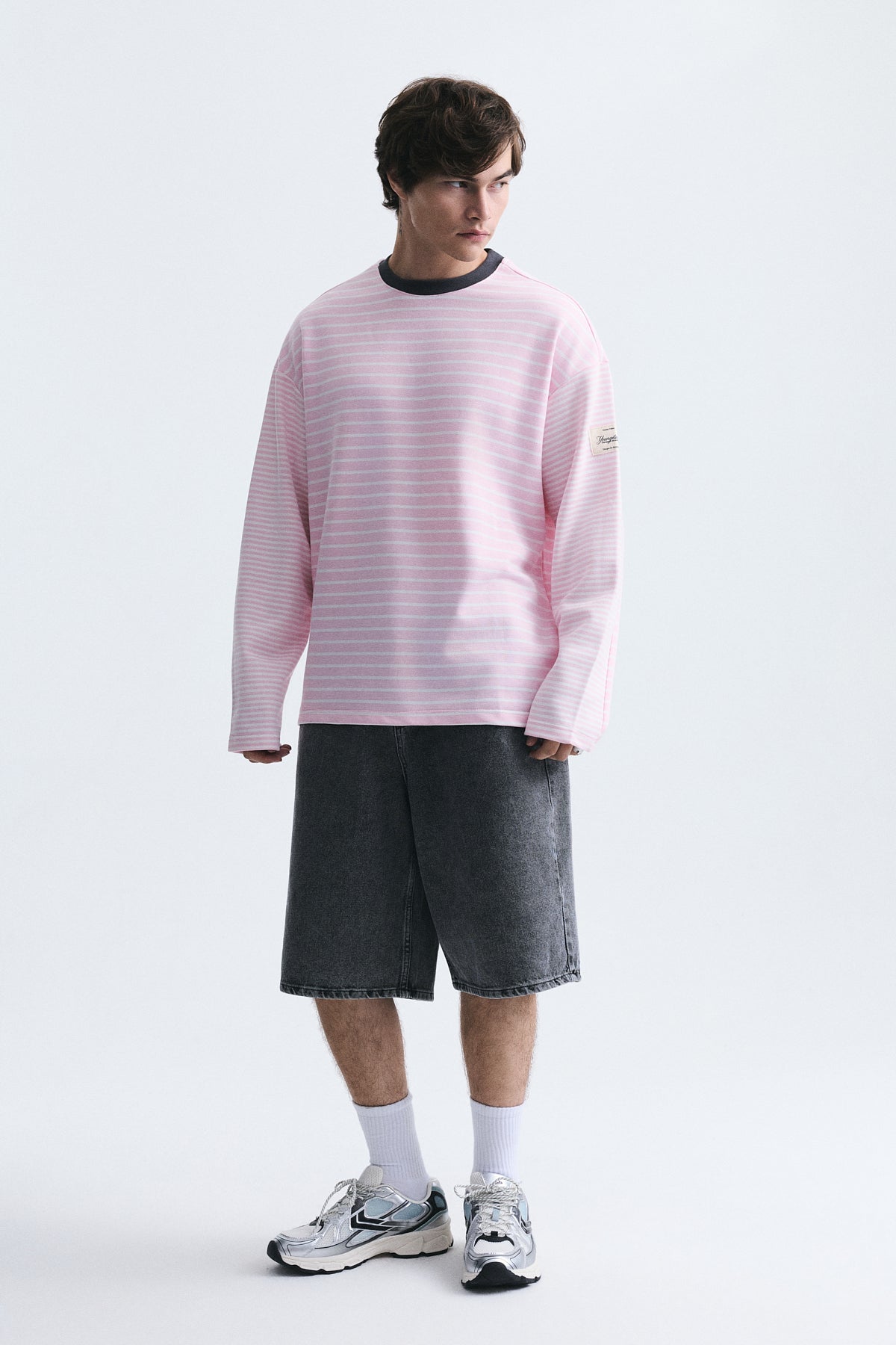 Contrast-Collar Striped Sweatshirt