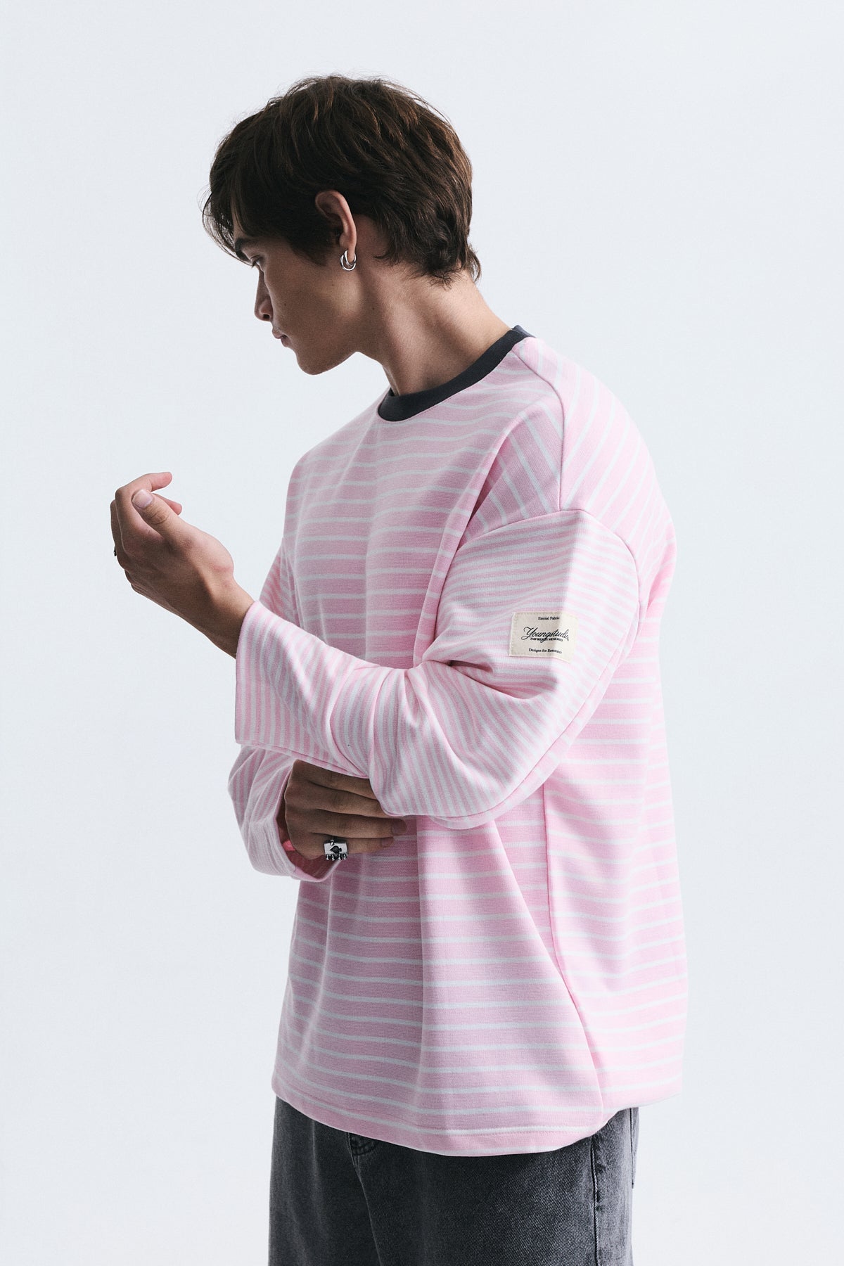 Contrast-Collar Striped Sweatshirt