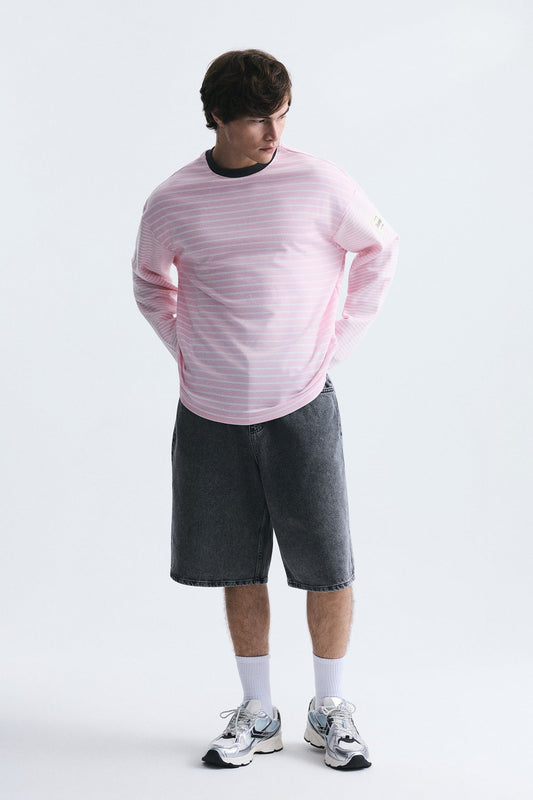Contrast-Collar Striped Sweatshirt