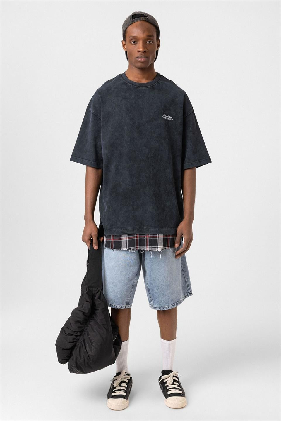 Oversized T-Shirt with Checkered Details and a Washed Look
