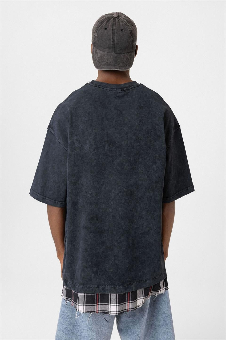 Oversized T-Shirt with Checkered Details and a Washed Look