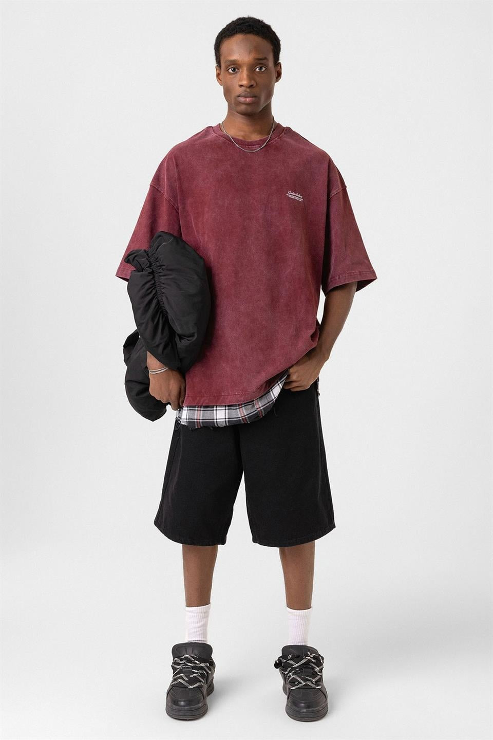 Oversized T-Shirt with Checkered Details and a Washed Look