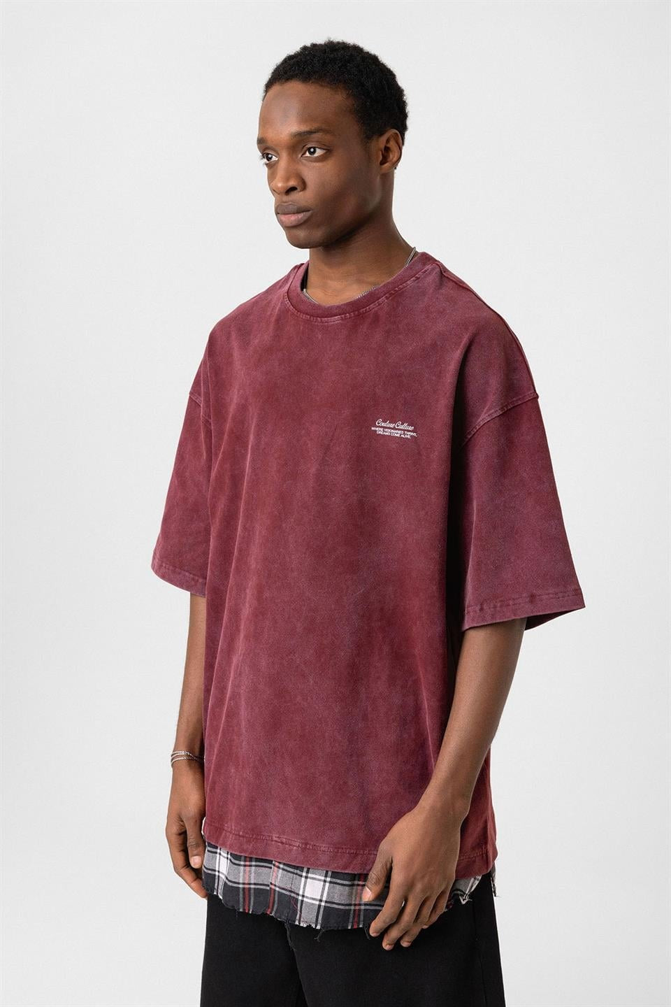 Oversized T-Shirt with Checkered Details and a Washed Look