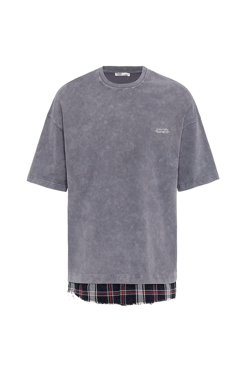 Oversized T-Shirt with Checkered Details and a Washed Look