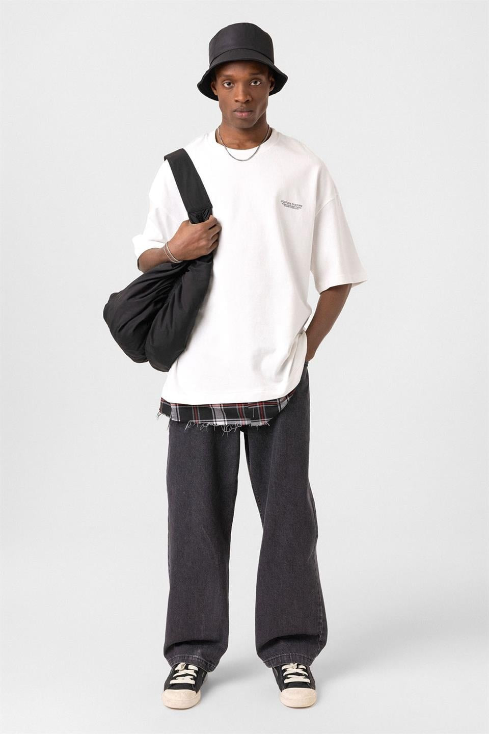 Oversized T-Shirt with Checkered Details and a Washed Look