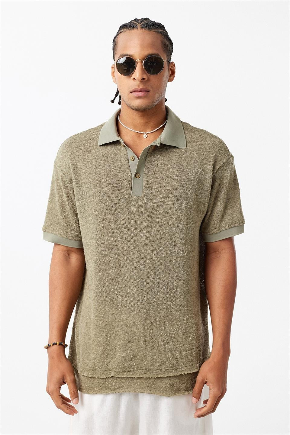 Oversized Polo-Neck Knit T-Shirt