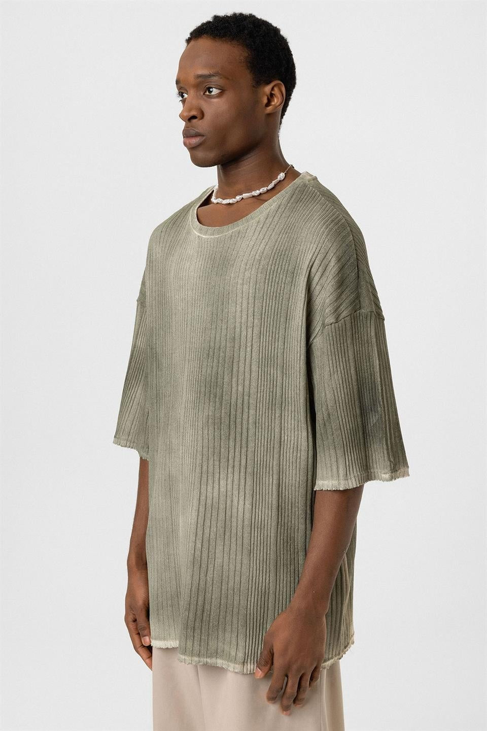 Oversized Washed Knit T-Shirt, Khaki