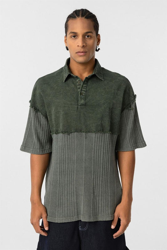 Pre-Washed Knit Oversized Polo Neck T-Shirt, Khaki