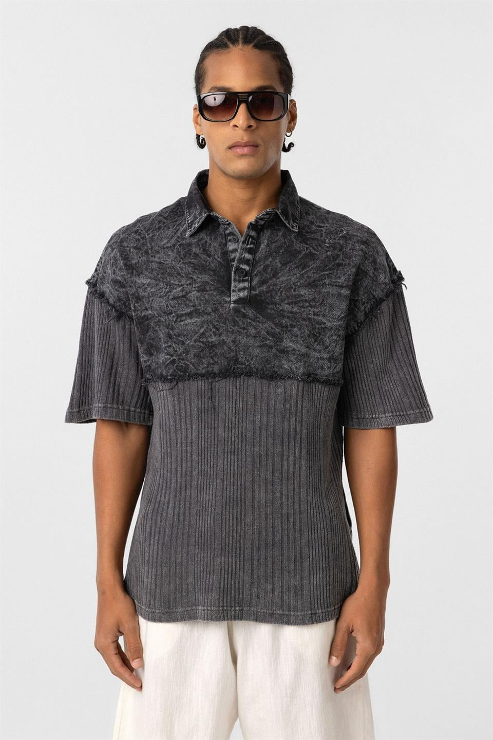 Pre-Washed Knit Oversized Polo-Neck T-Shirt, Black