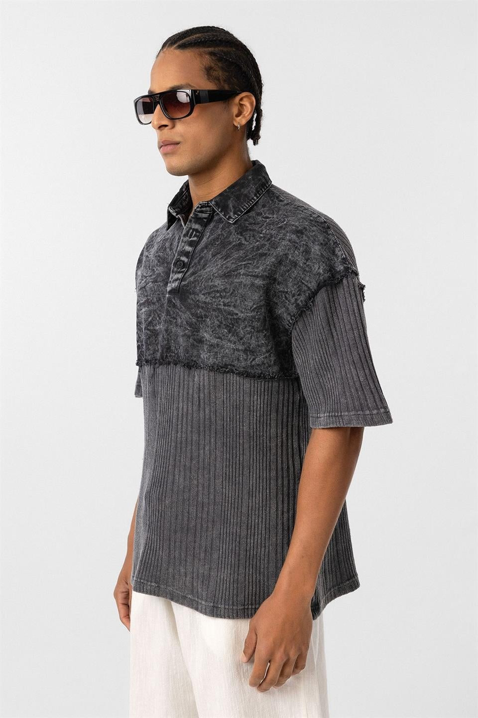 Pre-Washed Knit Oversized Polo-Neck T-Shirt, Black