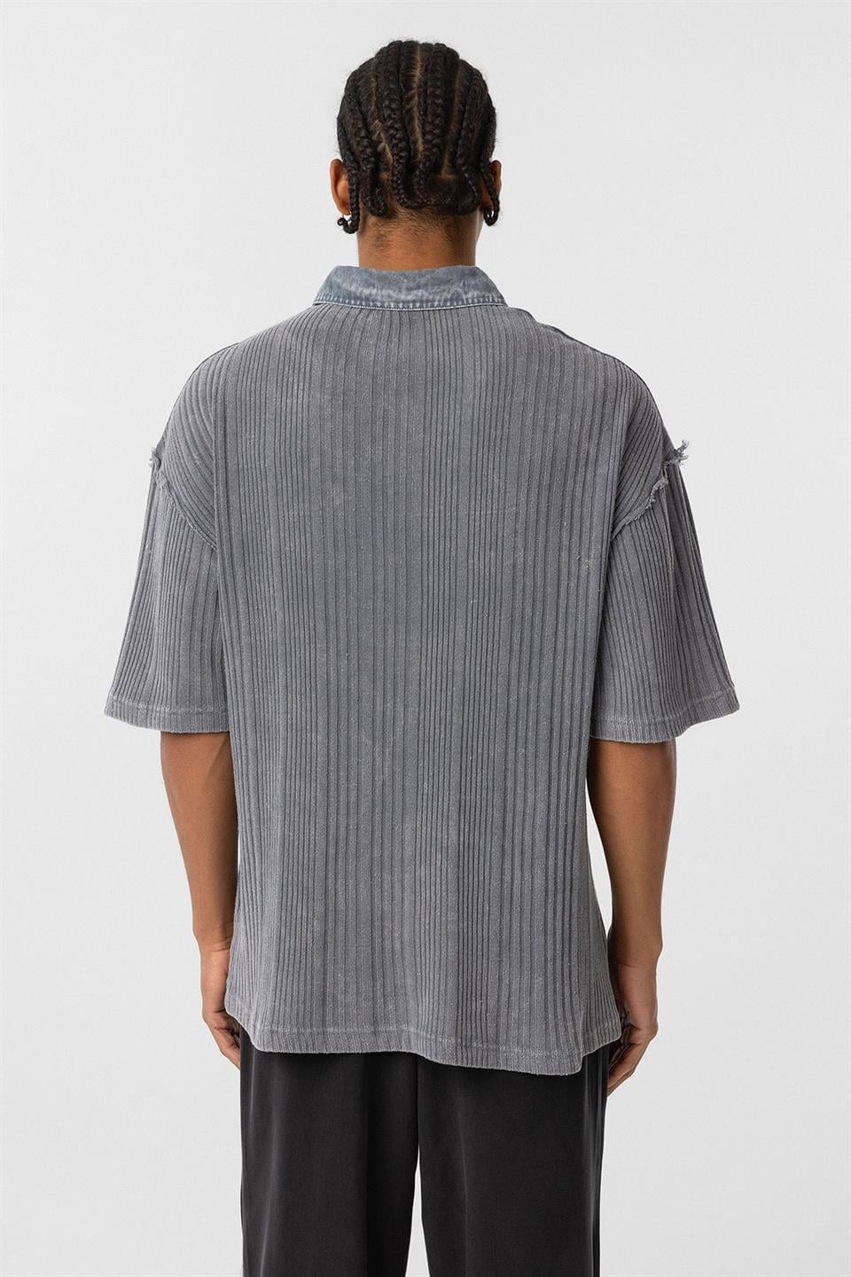 Pre-Washed Knit Oversized Polo-Neck T-Shirt