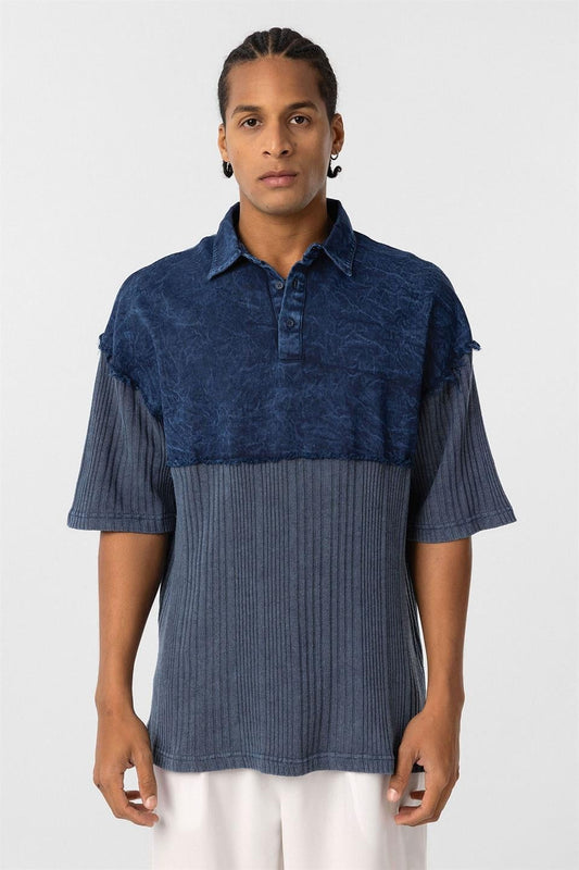 Pre-Washed Knit Oversized Polo Neck T-Shirt, Indigo