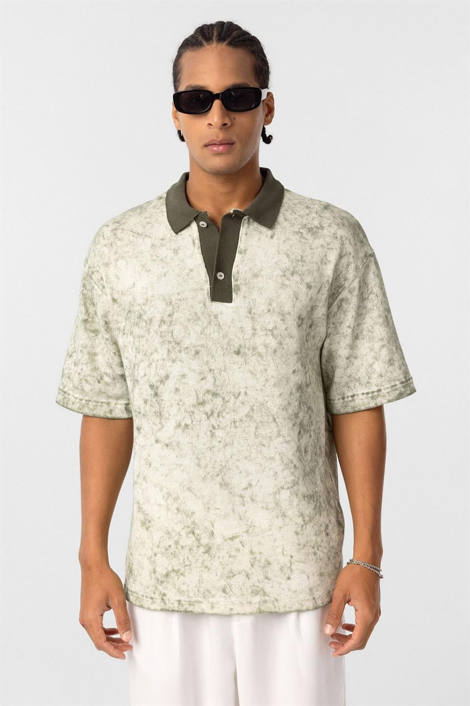 Pre-Washed Knit Oversized Polo-Neck T-Shirt