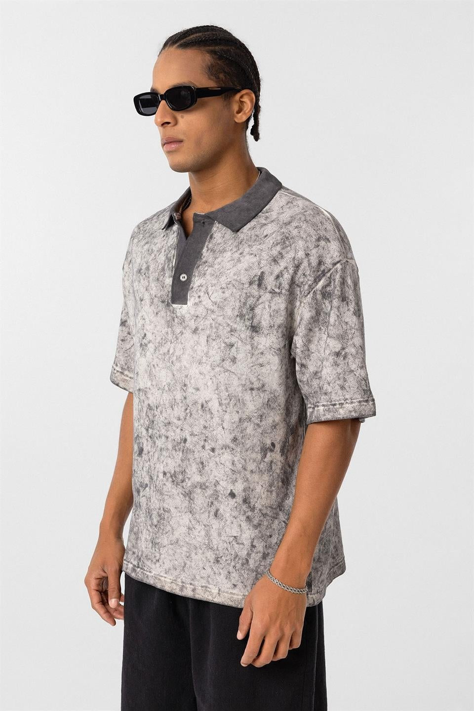 Pre-Washed Knit Oversized Polo-Neck T-Shirt
