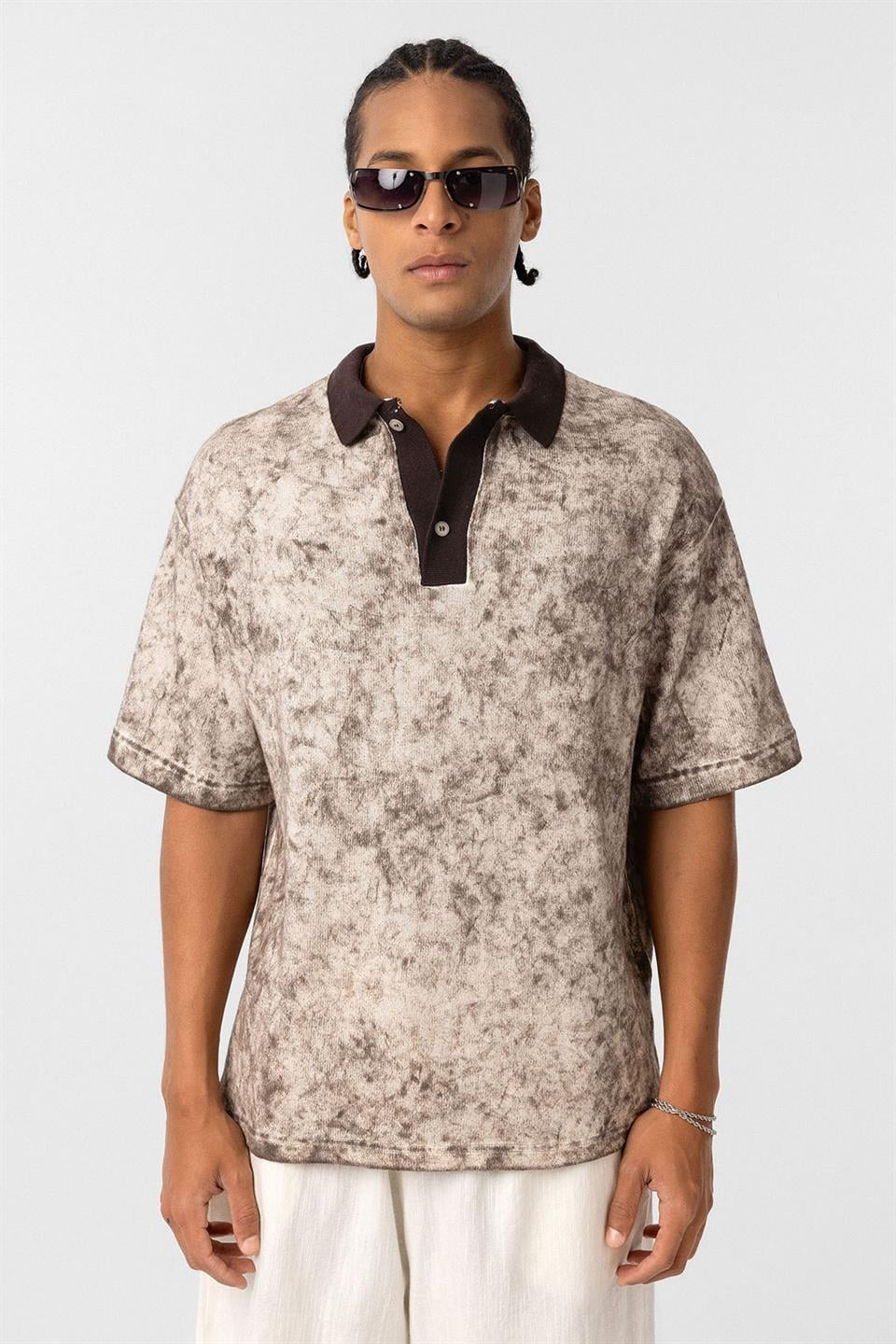 Pre-Washed Knit Oversized Polo-Neck T-Shirt