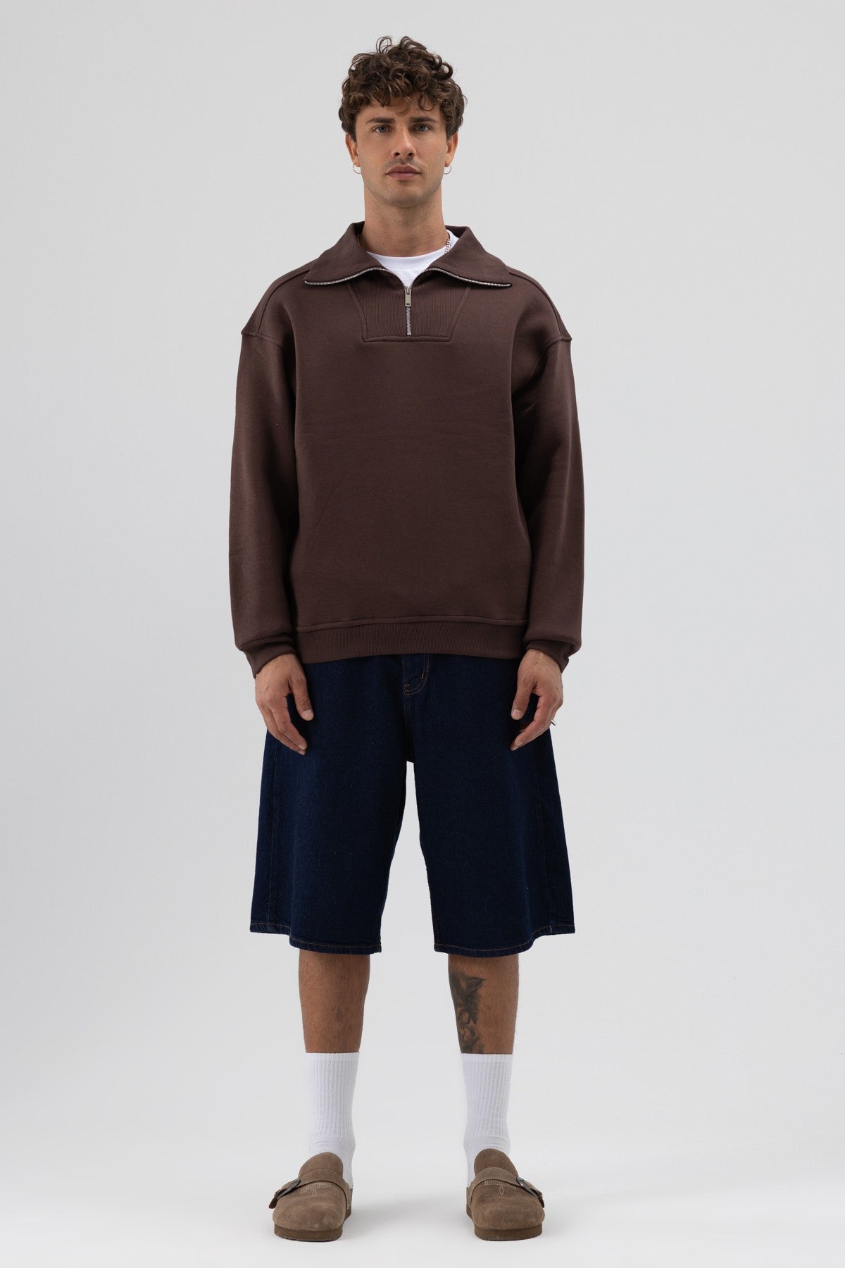 Basic Zipper-Front Stand-Up Collar Sweatshirt