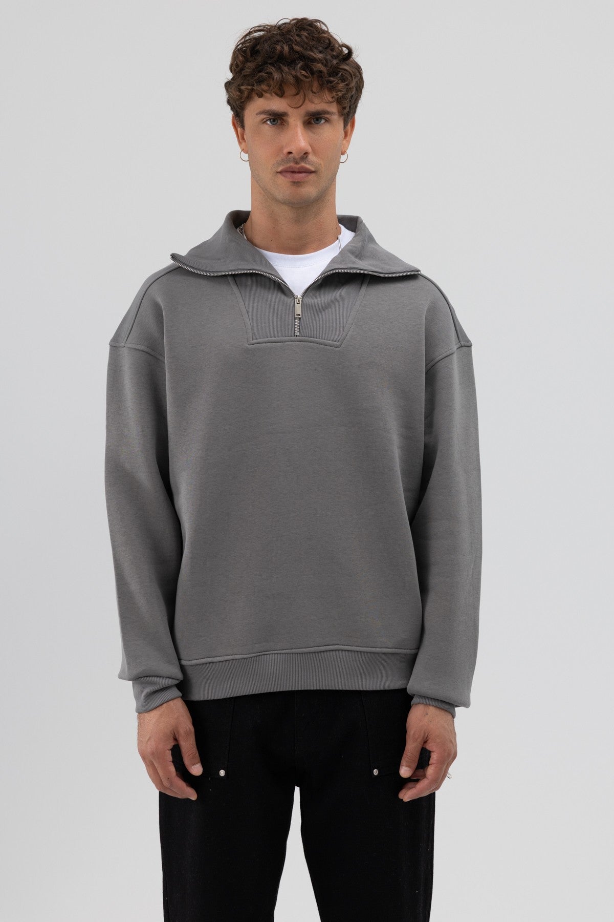 Basic Zipper-Front Stand-Up Collar Sweatshirt