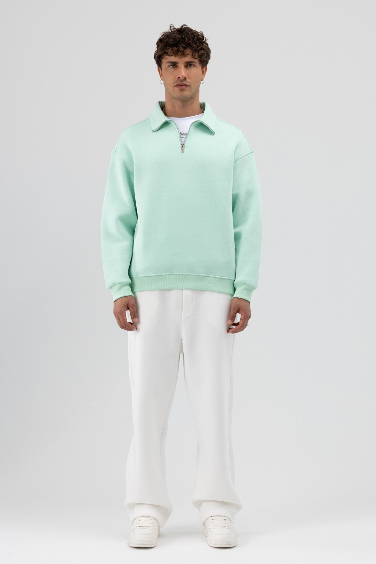 Oversized Zipper-Front Stand-Up Collar Sweatshirt