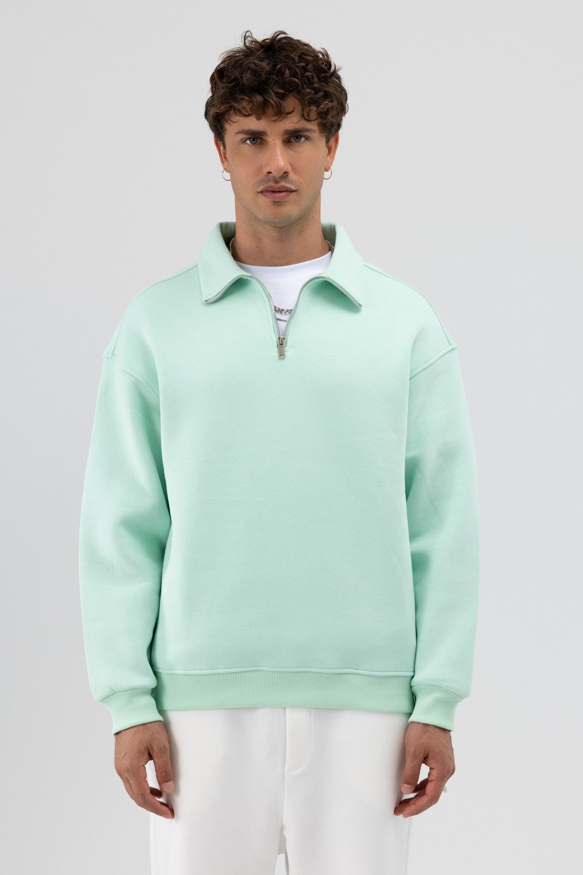 Oversized Zipper-Front Stand-Up Collar Sweatshirt