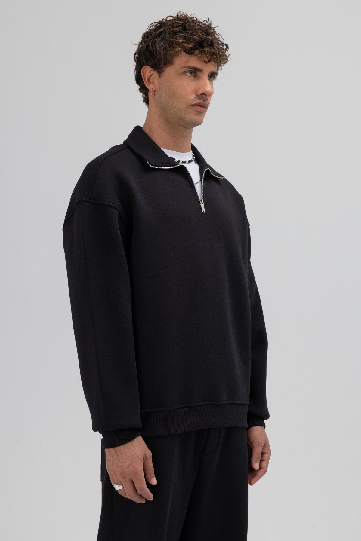 Oversized Zipper-Front Stand-Up Collar Sweatshirt