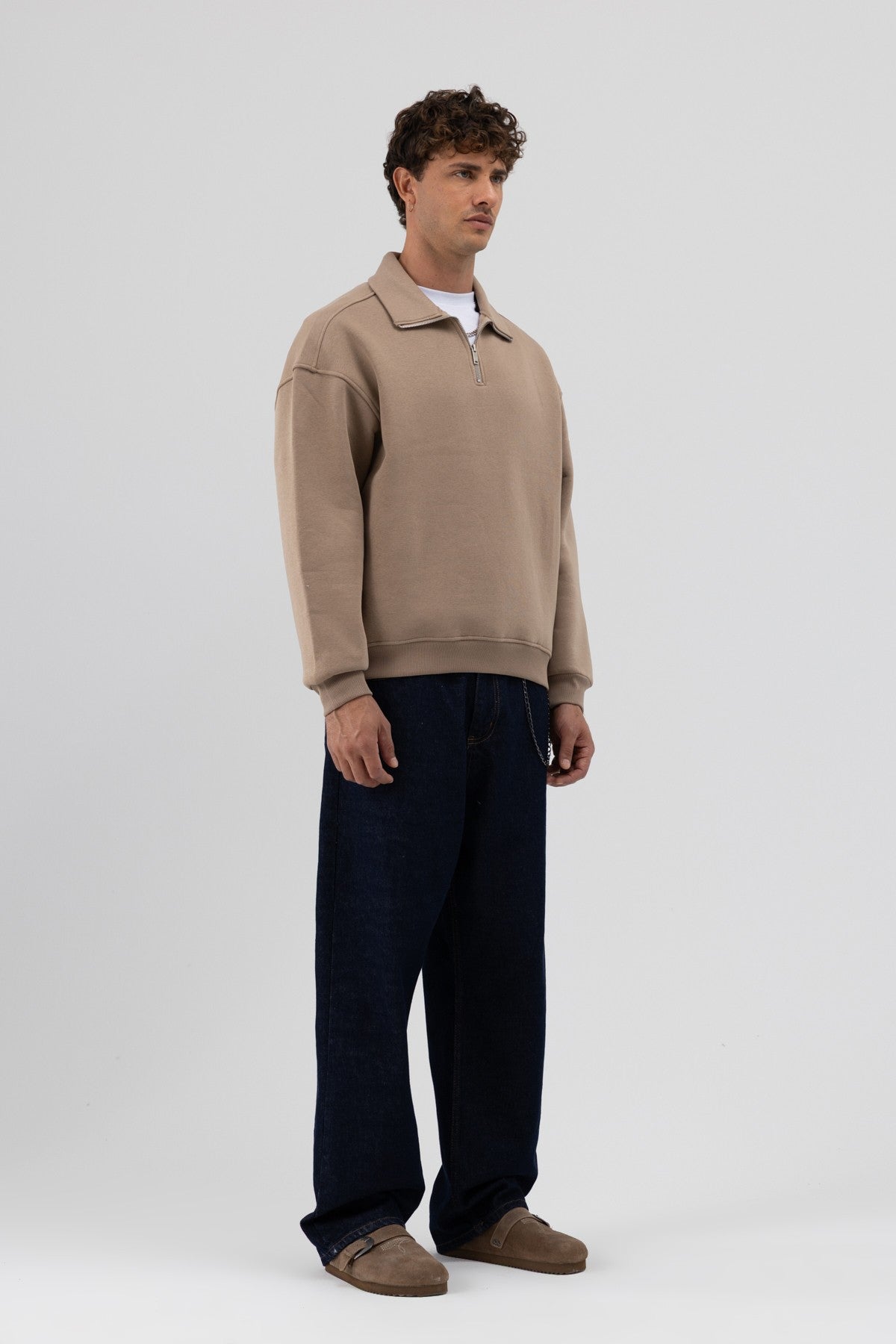 Oversized Zipper-Front Stand-Up Collar Sweatshirt
