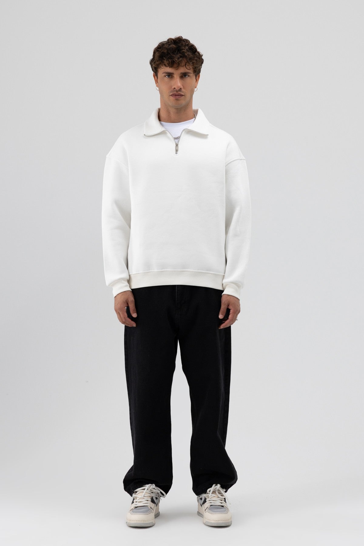 Oversized Zipper-Front Stand-Up Collar Sweatshirt