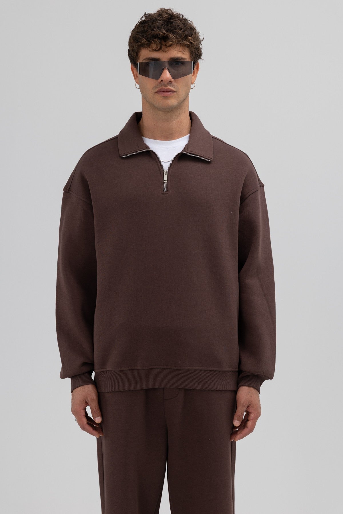 Oversized Zipper-Front Stand-Up Collar Sweatshirt