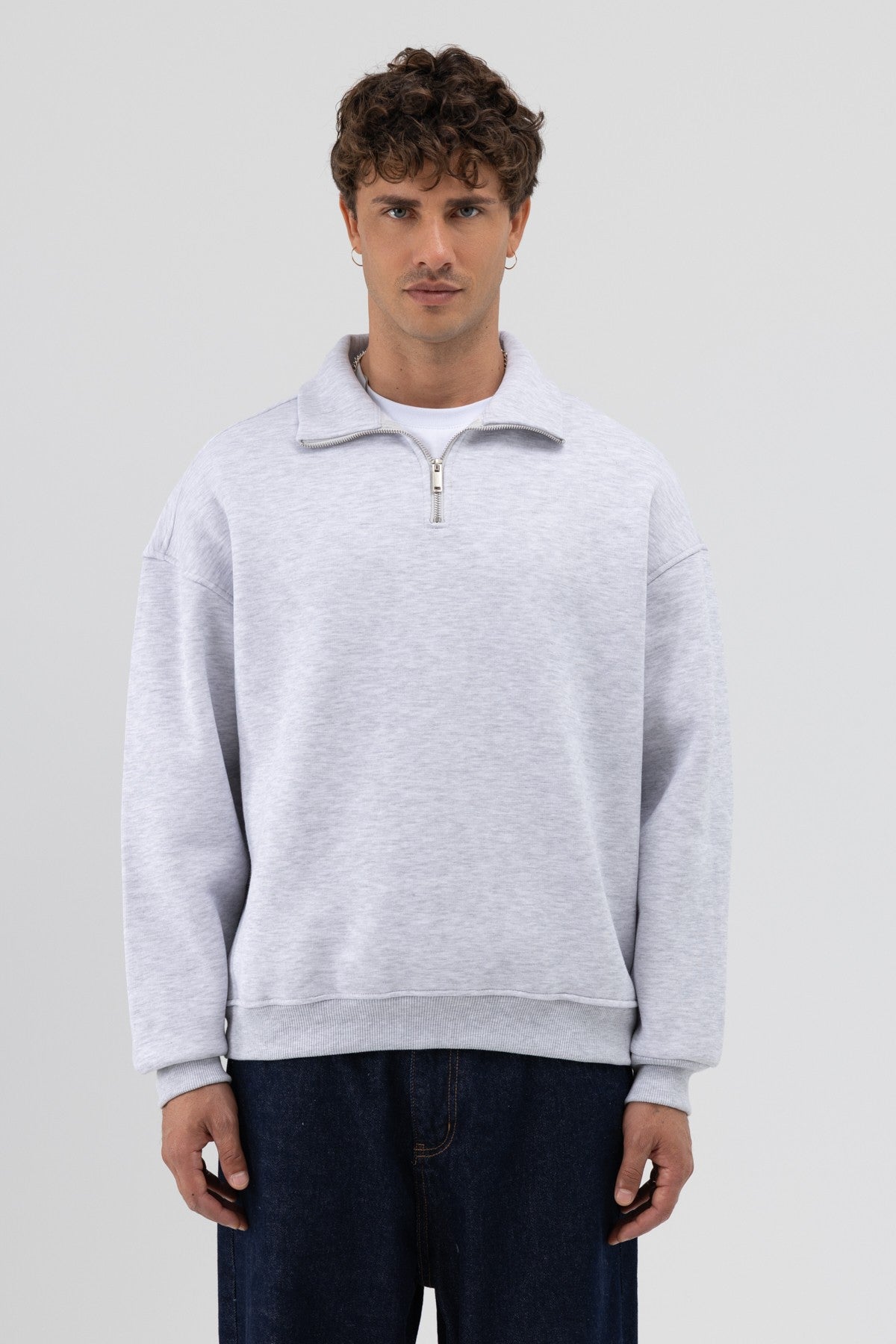 Oversized Zipper-Front Stand-Up Collar Sweatshirt