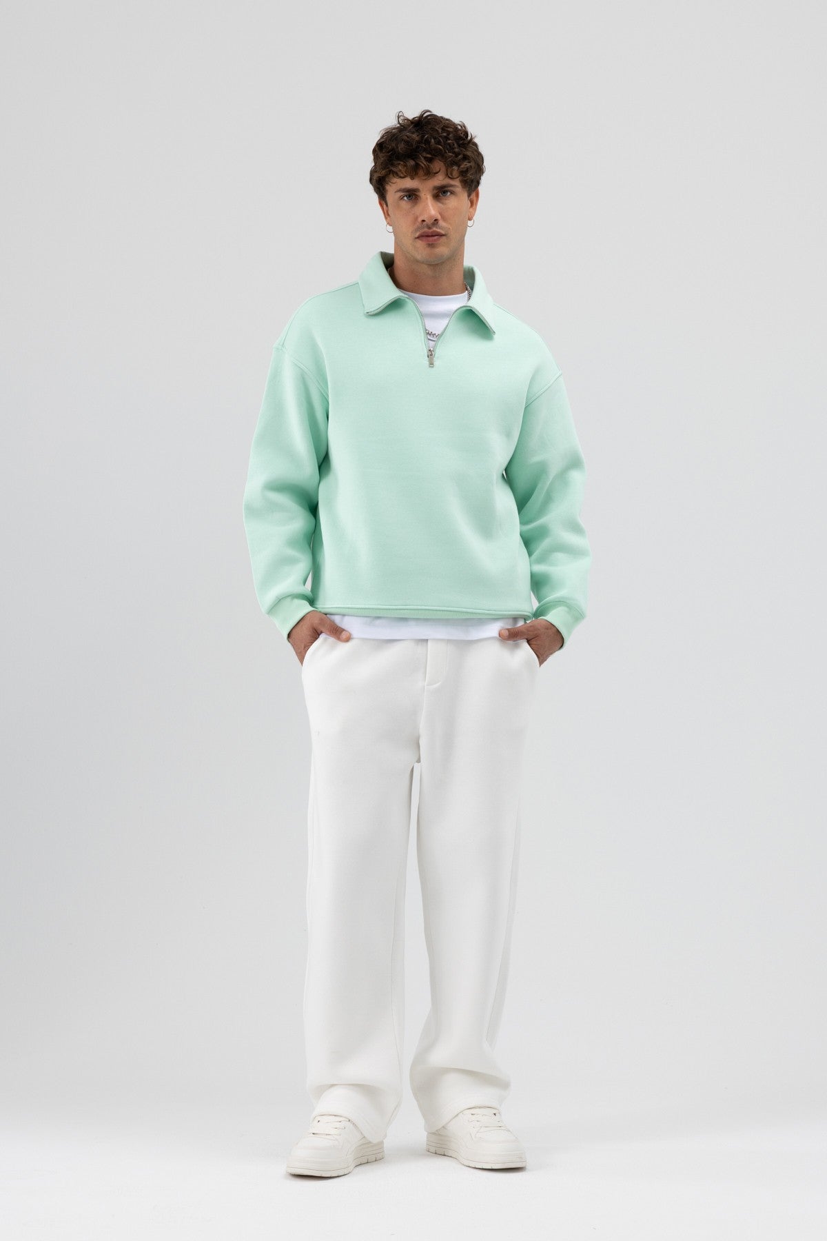 Oversized Zipper-Front Stand-Up Collar Sweatshirt