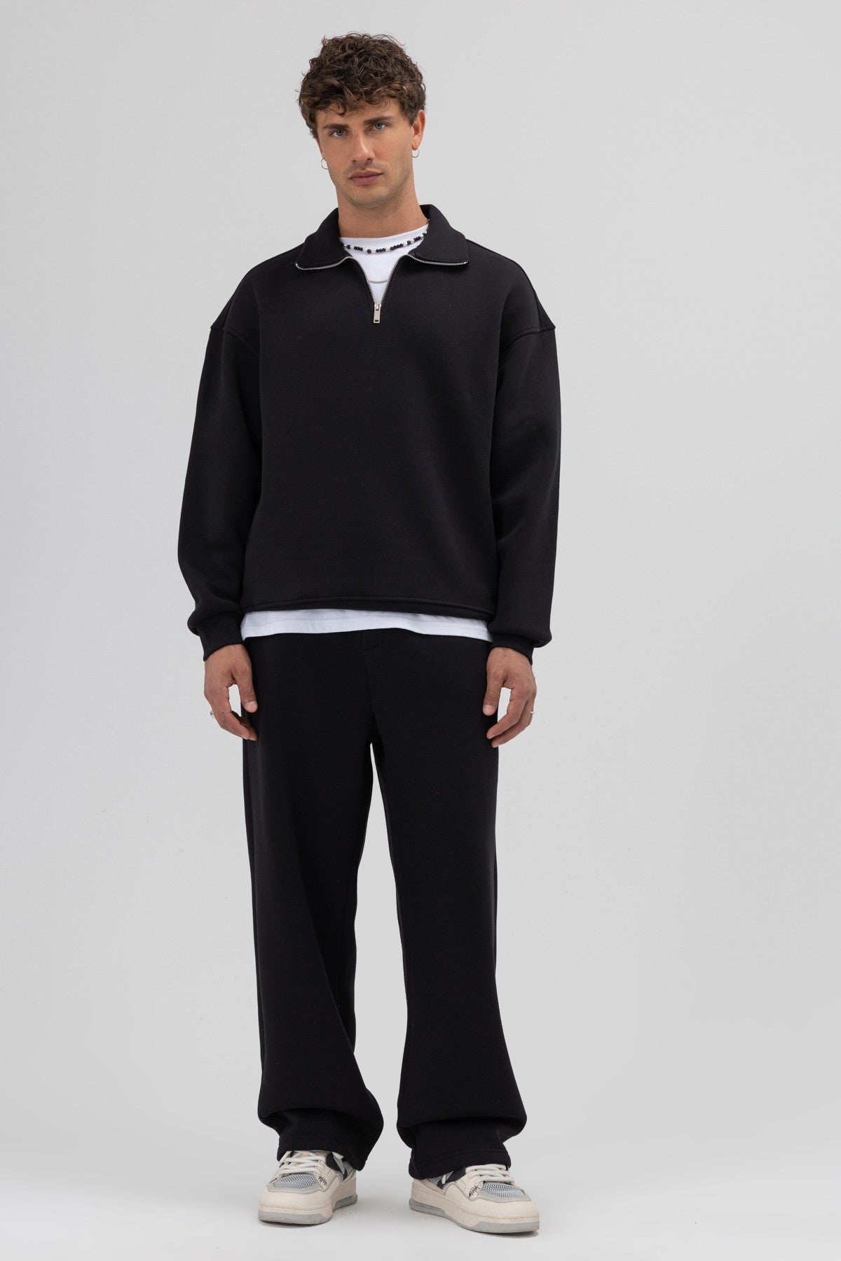 Oversized Zipper-Front Stand-Up Collar Sweatshirt