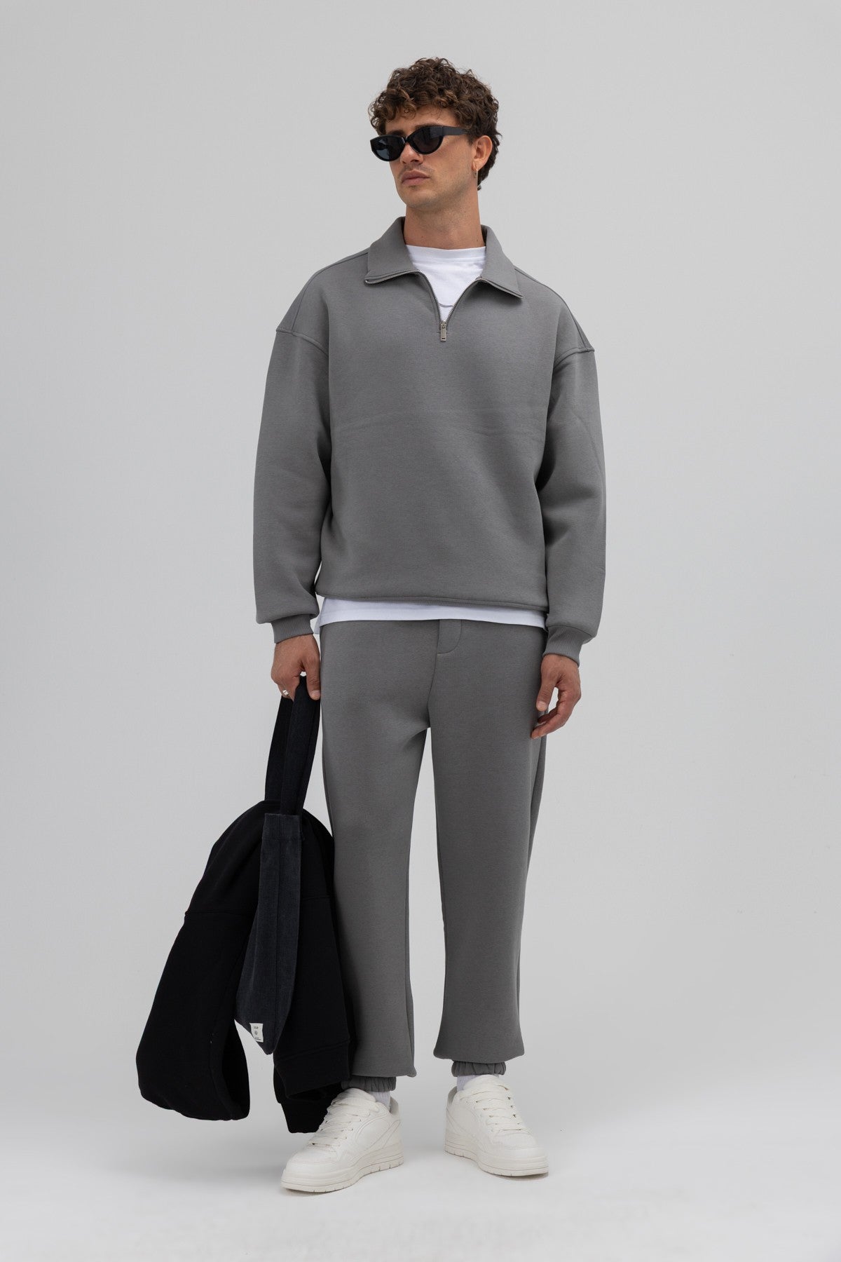 Oversized Zipper-Front Stand-Up Collar Sweatshirt