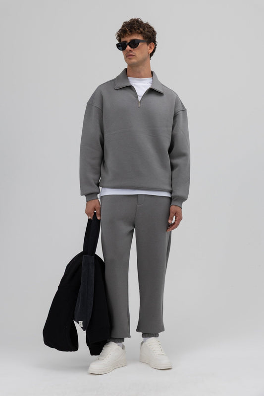 Oversized Zipper-Front Stand-Up Collar Sweatshirt