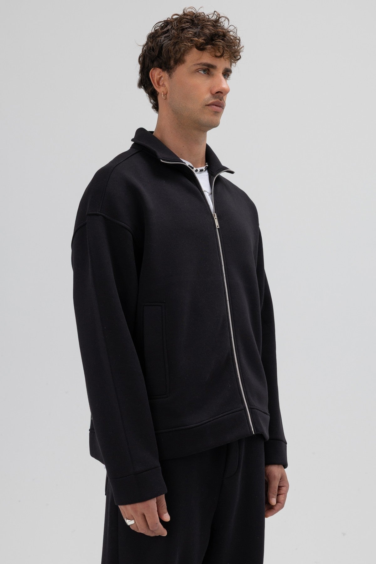 Oversized Stand-Up Collar Sweatshirt with Front Zipper