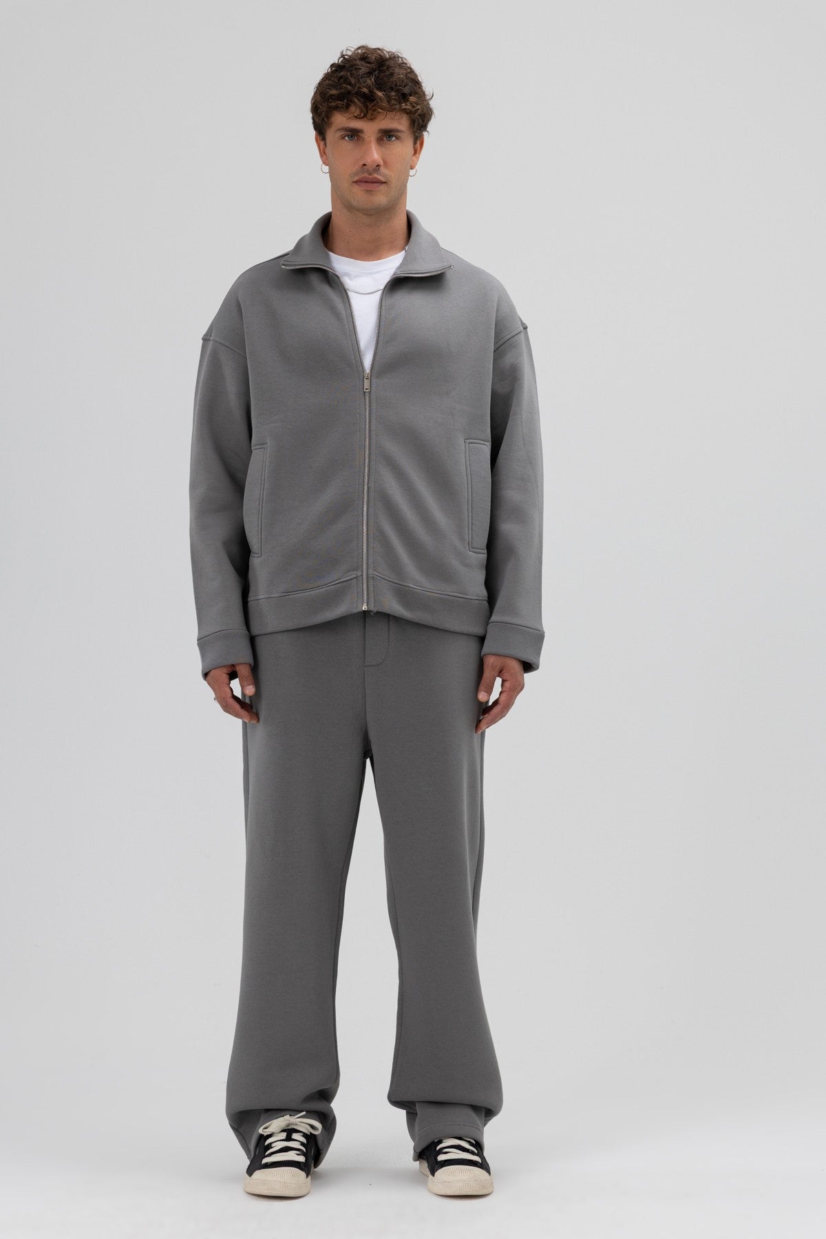 Oversized Stand-Up Collar Sweatshirt with Front Zipper