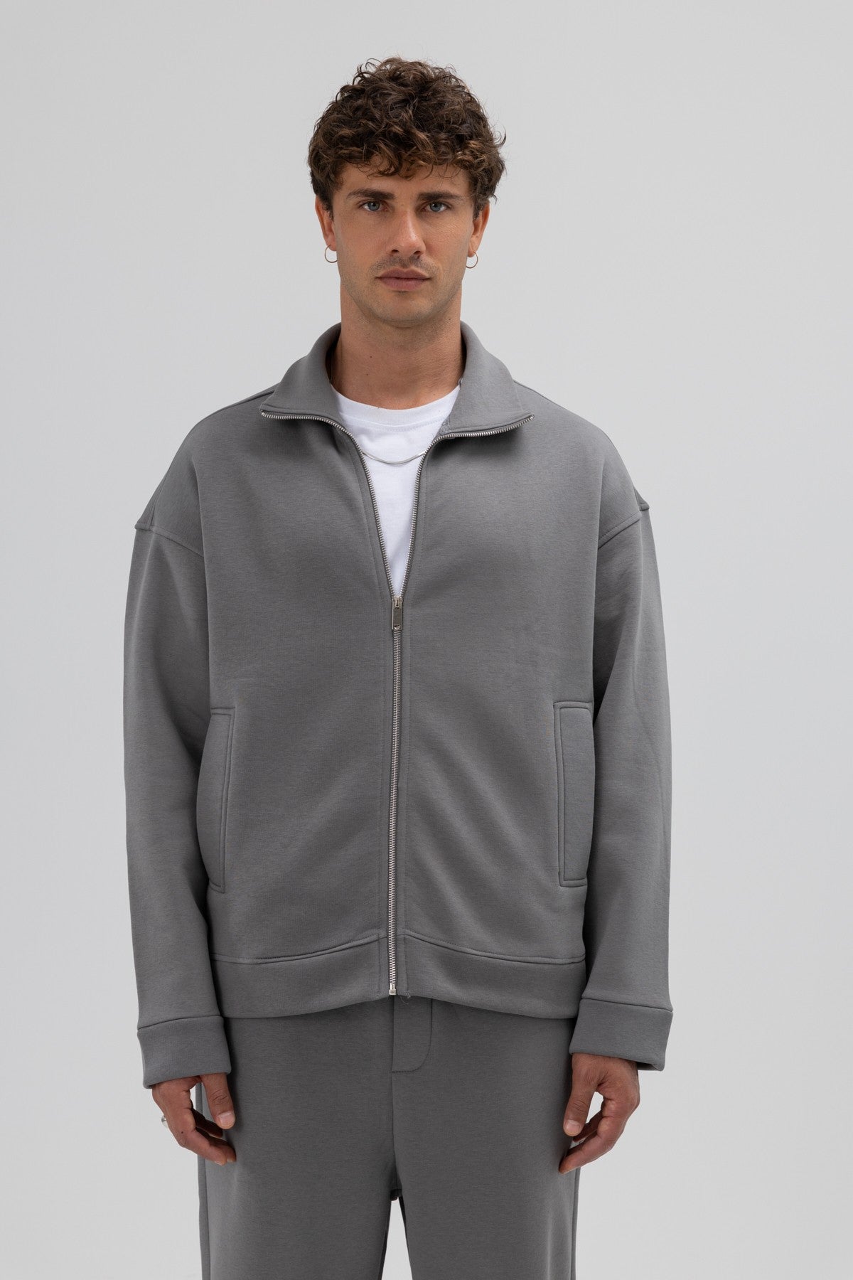Oversized Stand-Up Collar Sweatshirt with Front Zipper