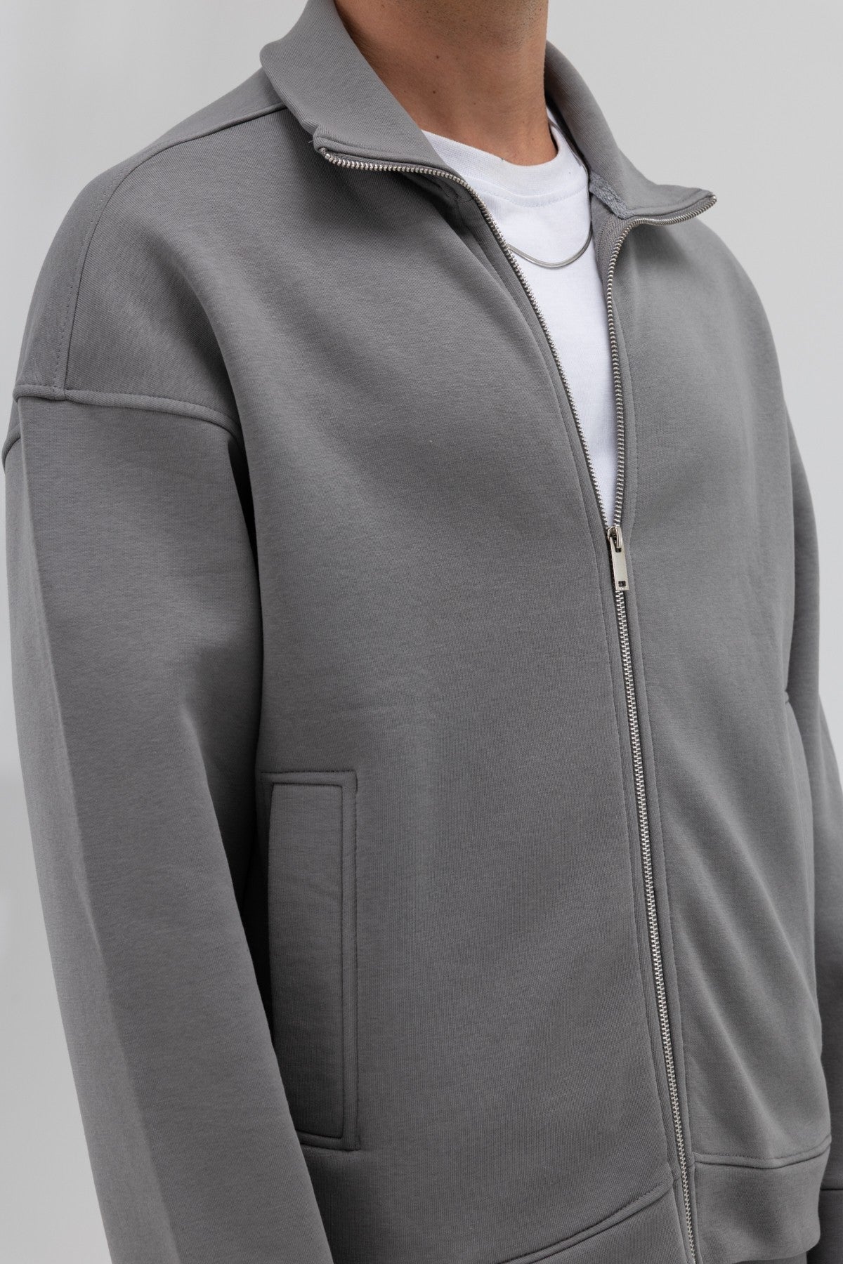 Oversized Stand-Up Collar Sweatshirt with Front Zipper