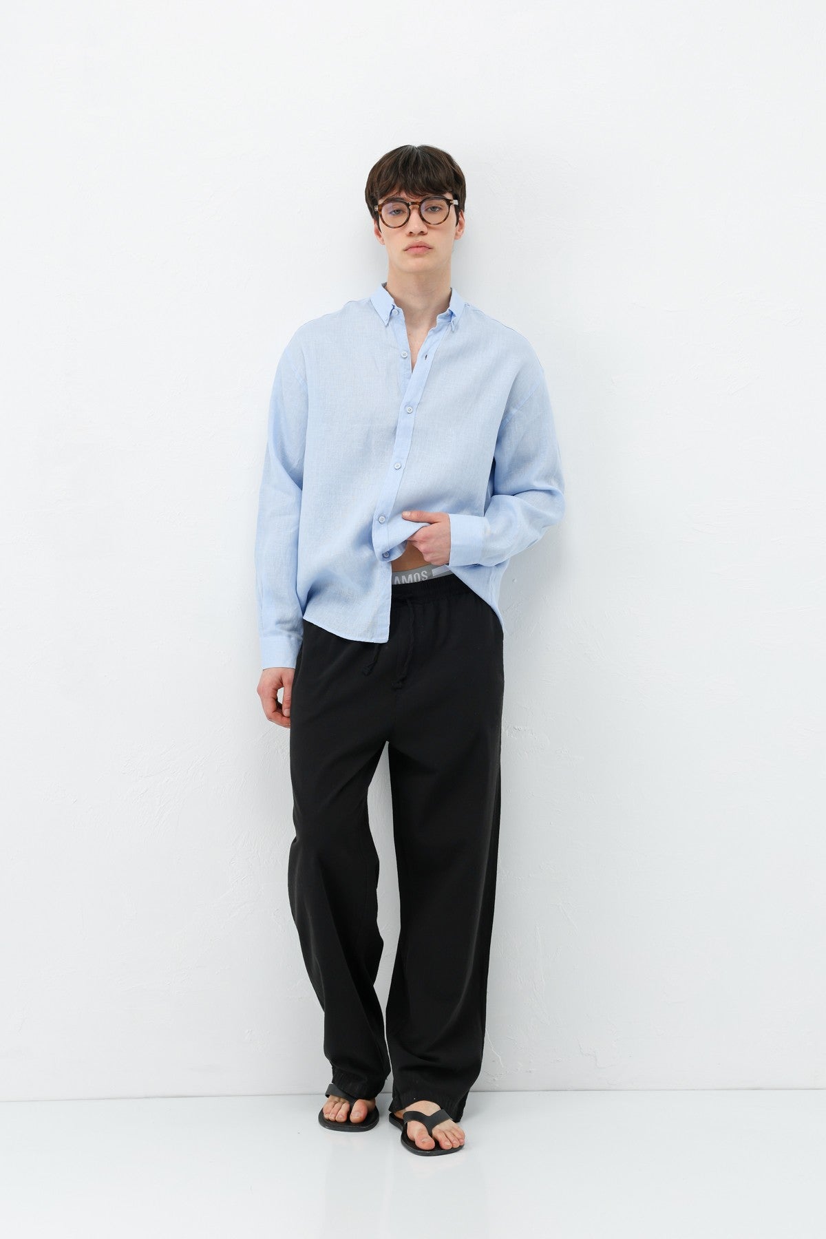 Baggy-Fit Linen Pants with Elastic Waistband