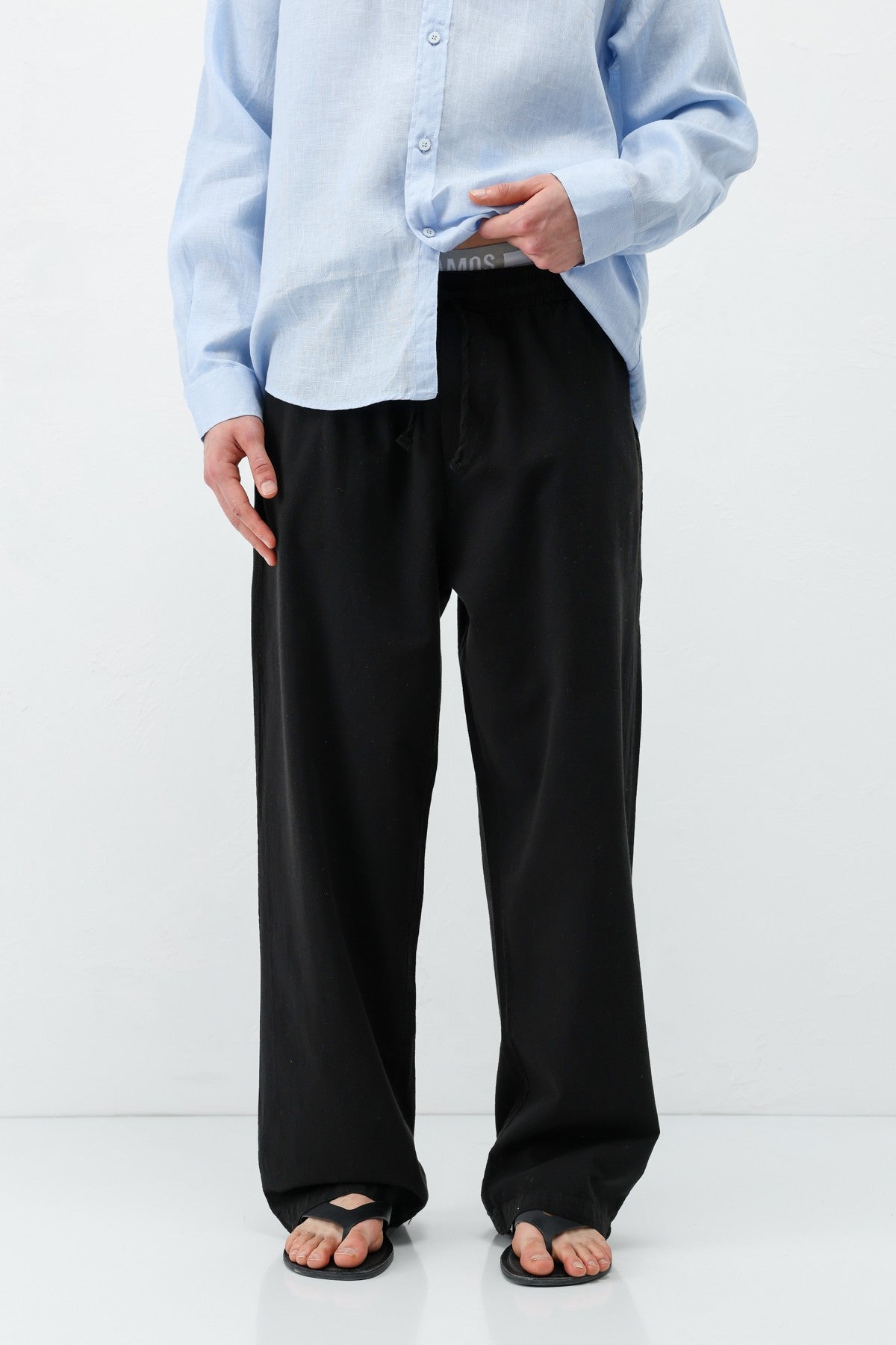 Baggy-Fit Linen Pants with Elastic Waistband