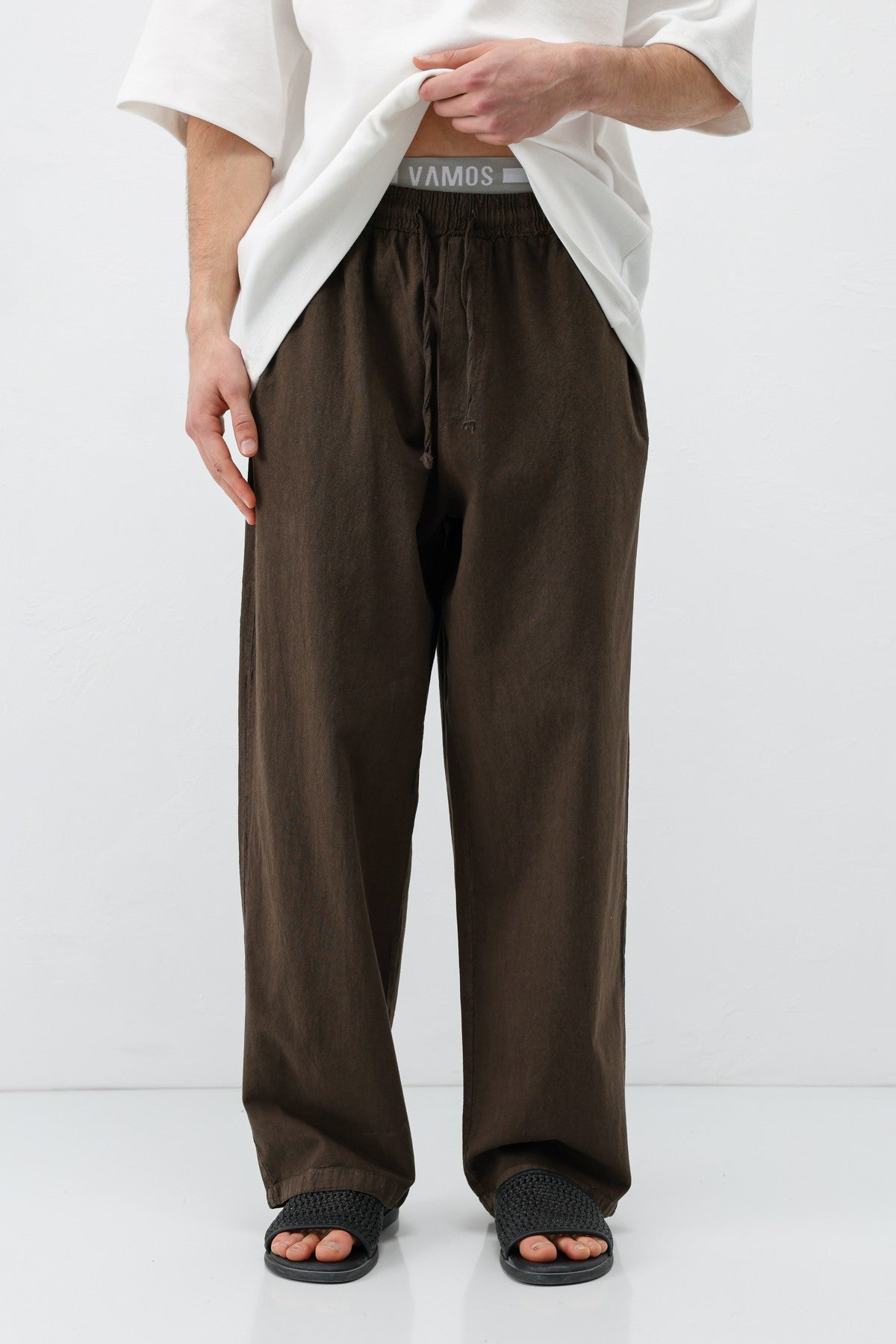 Baggy-Fit Linen Pants with Elastic Waistband