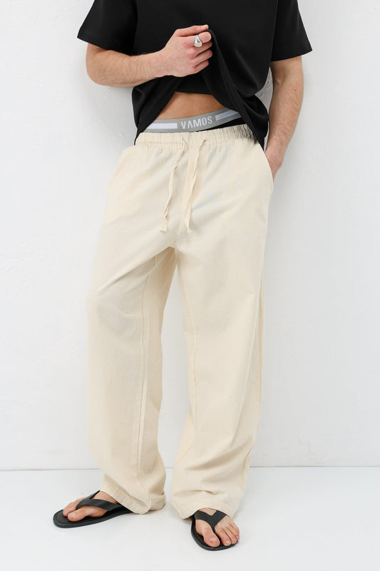 Baggy-Fit Linen Pants with Elastic Waistband