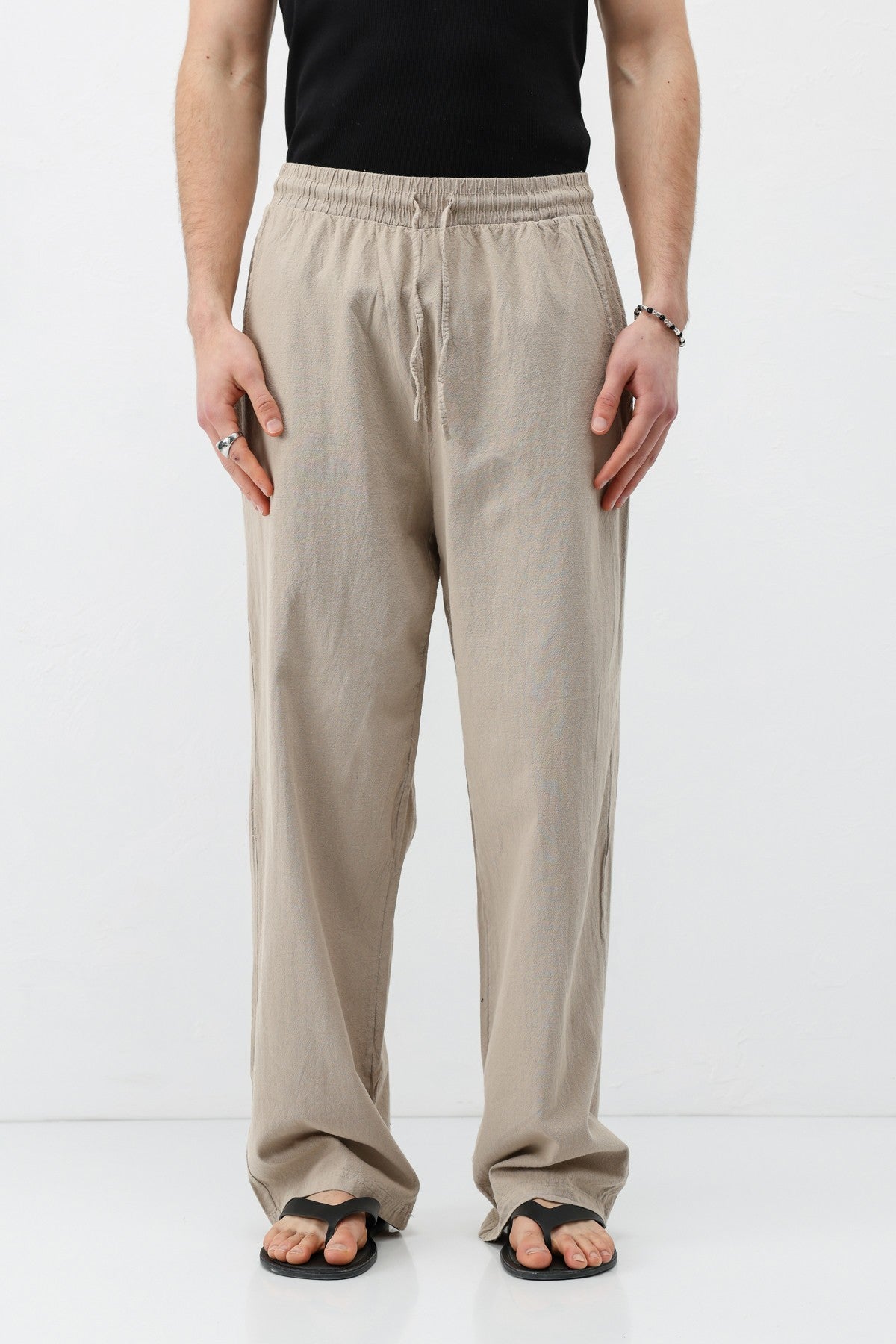 Baggy-Fit Linen Pants with Elastic Waistband