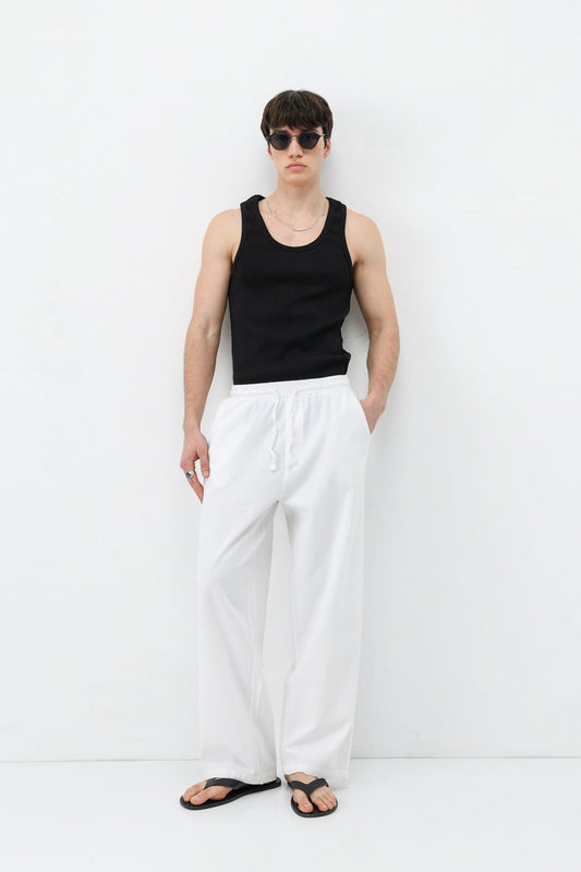 Baggy-Fit Linen Pants with Elastic Waistband