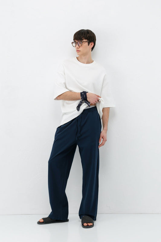 Baggy-Fit Linen Pants with Elastic Waistband